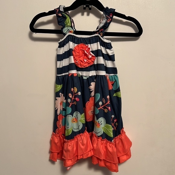 Navy & Coral Print Top With Rosette Detail And Ruffle Shorts - Picture 4 of 13